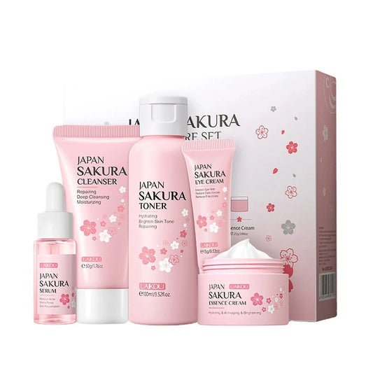 Professional product title: Sakura Skincare Set: Oil Control Facial Cleanser, Nourishing Face Serum, Cream for Dark Circles, and Eye Cream - Complete Face Care Solution