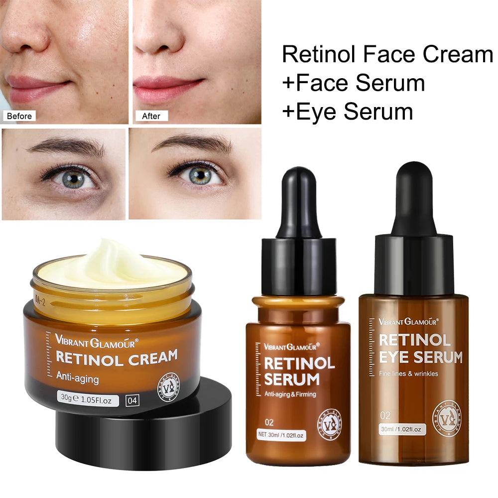 Complete Anti-Aging Skincare Set: Retinol Face Cream, Facial Serum, and Eye Serum for Wrinkle Reduction, Eye Bag Removal, Skin Whitening, Moisturization, and Skin Lightening