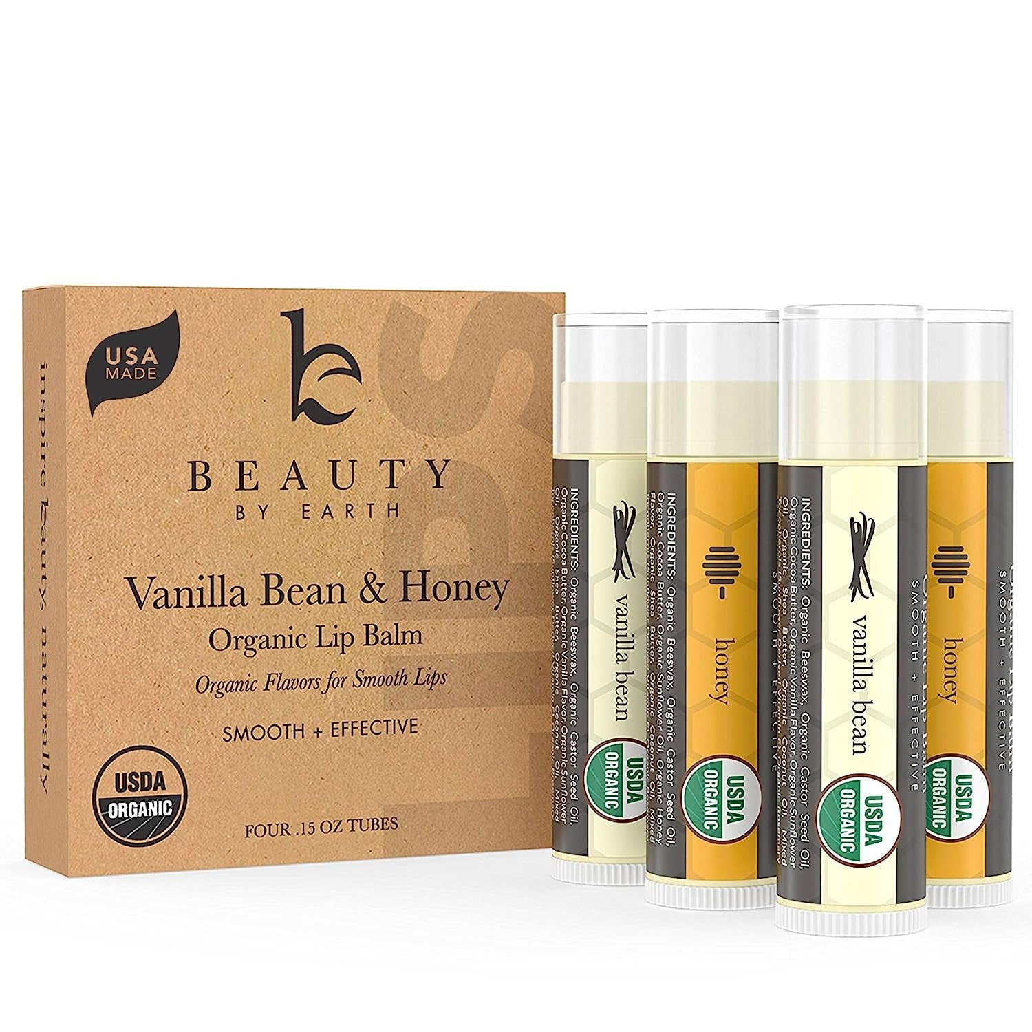 Organic Vanilla Bean & Honey Lip Balm - Pack of 4 - Natural Lip Moisturizer for Men, Women, and Kids - Ideal Gift