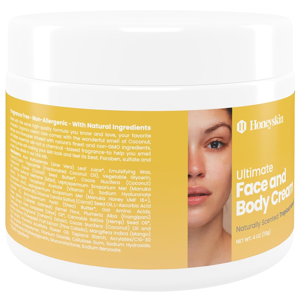 Hydrating Face and Body Moisturizer - Nourishing Cream with Aloe Vera and Coconut Oil - Effective Moisturizing Lotion for Dry Skin, Wrinkles, Eczema, and Rosacea Relief - Tropical Hawaii Scent (4Oz)