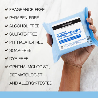 Fragrance-Free Makeup Remover Wipes and Face Cleansing Towelettes - 25 Count