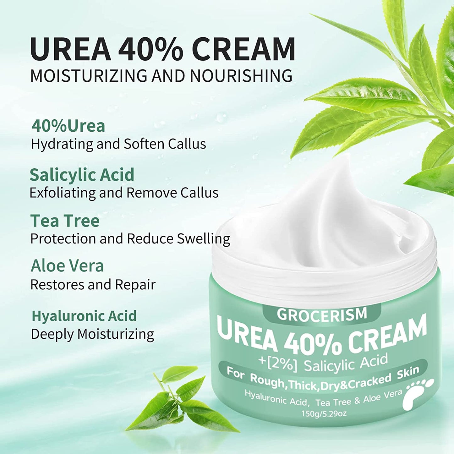 Maximum Strength Urea Cream with Salicylic Acid - 5.29 Oz | Deep Moisturizing Foot and Hand Cream with Hyaluronic Acid, Tea Tree, and Aloe Vera | Effective Callus Remover