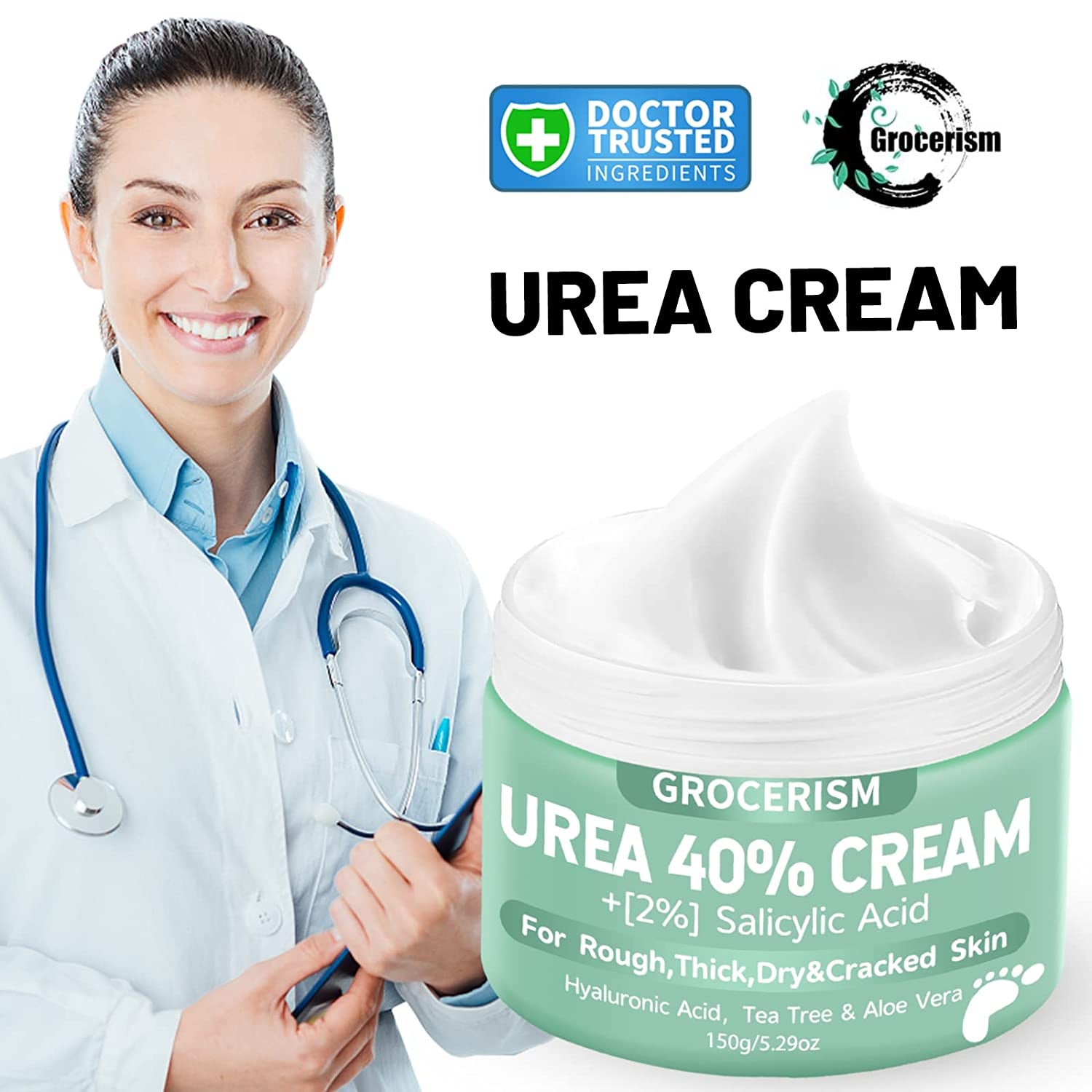 Maximum Strength Urea Cream with Salicylic Acid - 5.29 Oz | Deep Moisturizing Foot and Hand Cream with Hyaluronic Acid, Tea Tree, and Aloe Vera | Effective Callus Remover