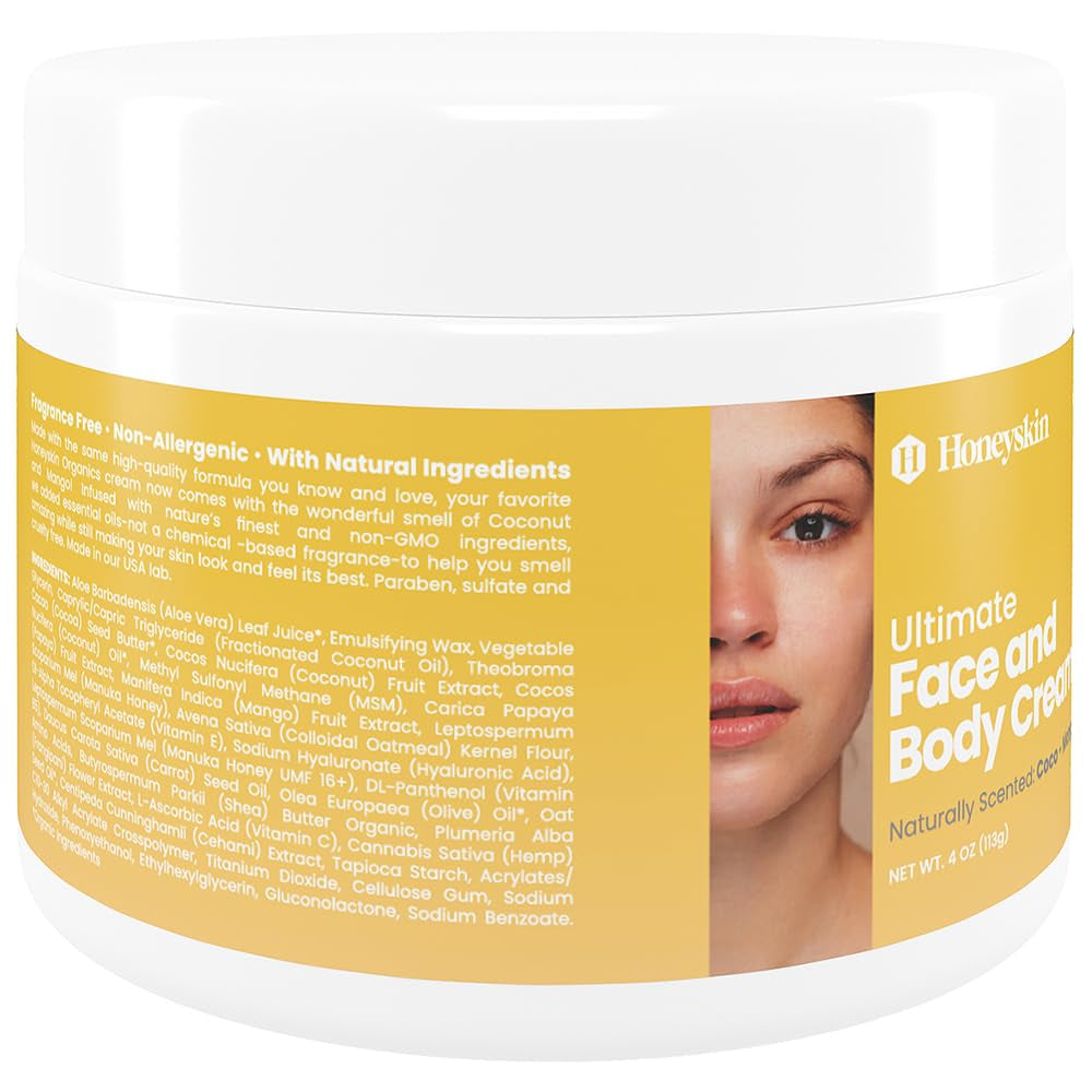 Organic Hydrating Face Moisturizer & Body Cream with Manuka Honey - Nourishing Face Moisturizer & Body Lotion for Severely Dry Skin - Effective for Itchy Skin, Rosacea Treatment & Eczema Prone Skin (Coconut Mango, 4Oz)